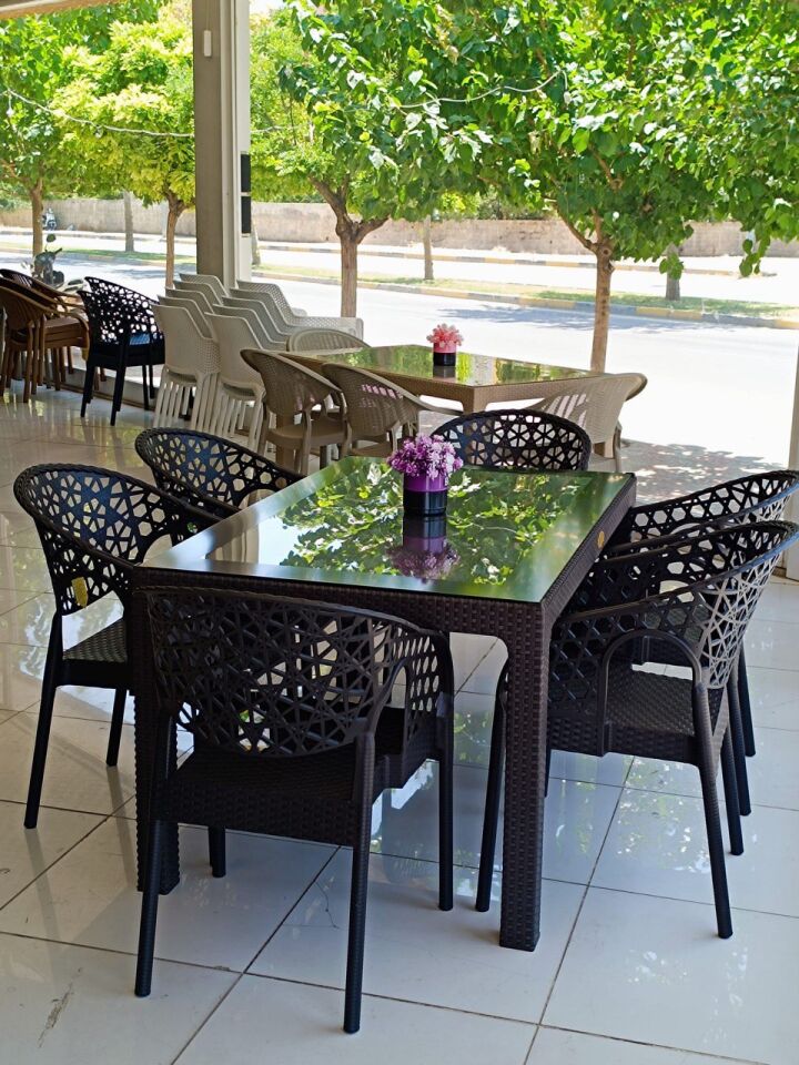 Lotus Bahçe Balkon Masa Takımı 6 Adet Rattan Sandalye 6 Kişilik 90x150cm Camlı Set Pro 1. Kalite